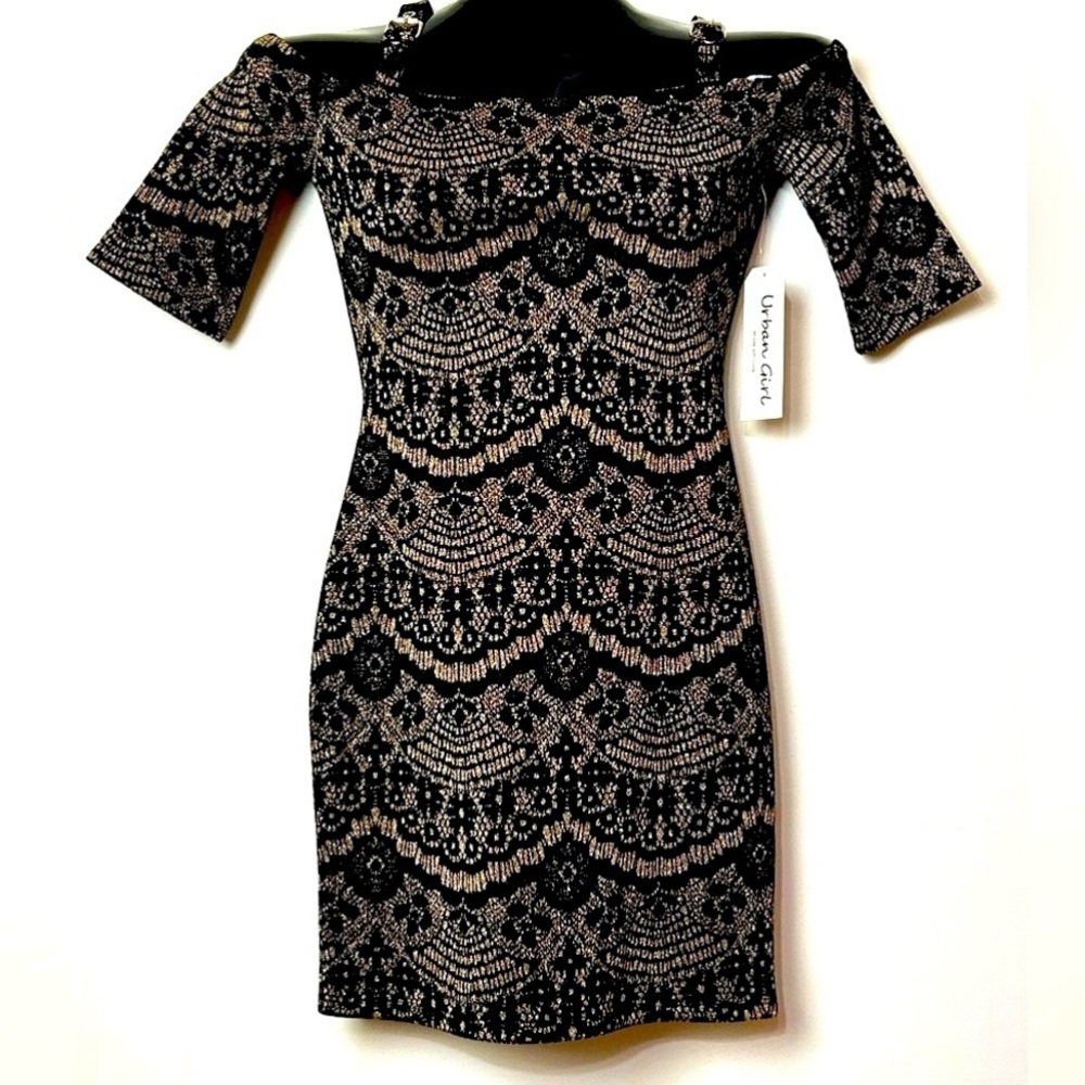 NWT Urban Girl Nites Black and Golden/Tan Fitted Dress! - Picture 3 of 15